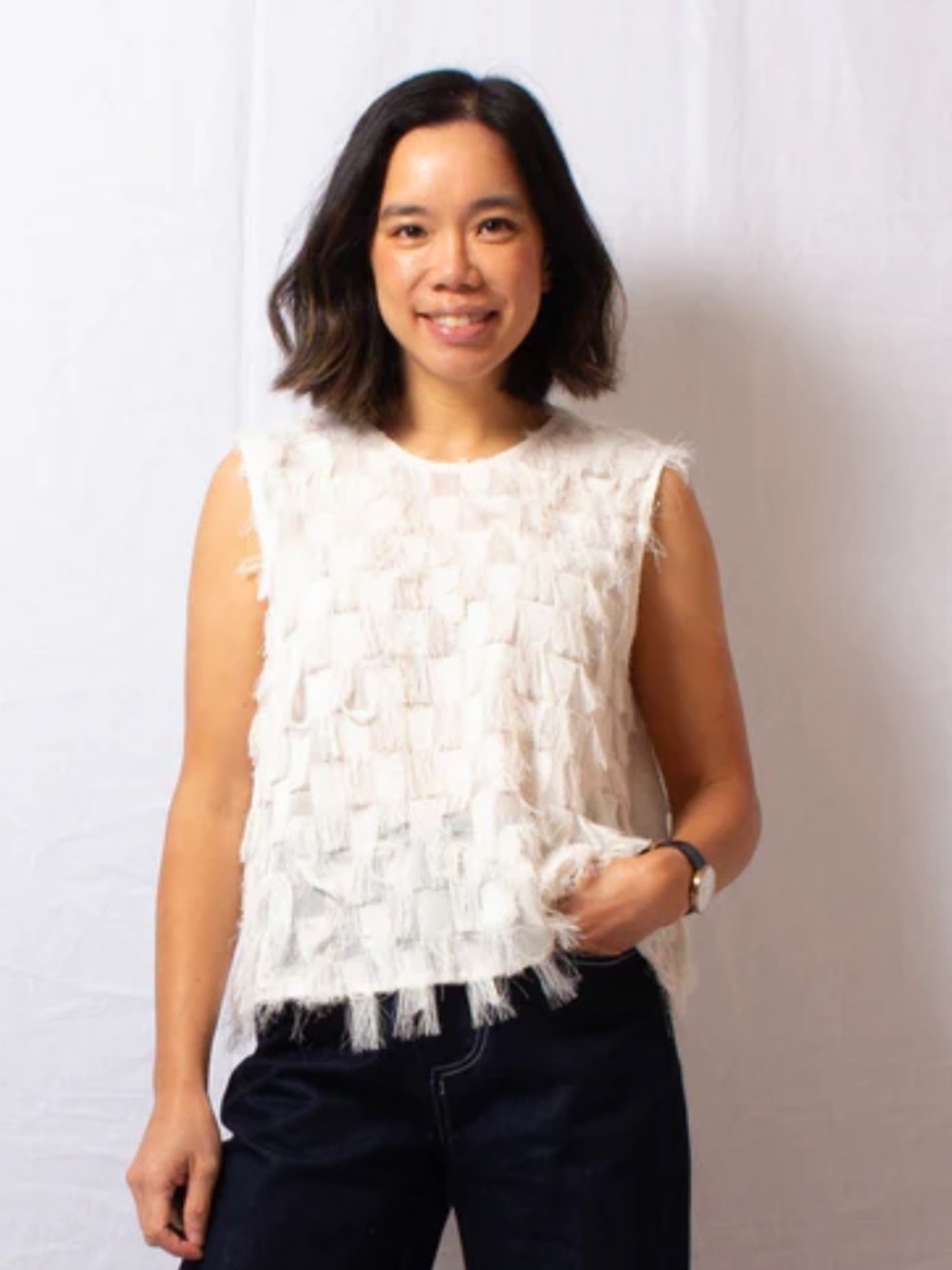 Textured Fringe Ivory Sleeveless Tank Top - Women